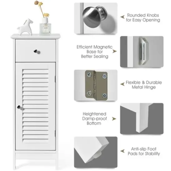 Costway Bathroom Floor Storage Cabinet Side Wooden Organizer w/ Drawer & Shutter Door image {9}