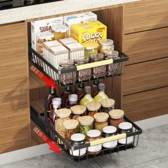 FURNIinspire Pull Out Cabinet Organizer Slide Out Drawer No Drill Pull Out Sliding Pull-Out Pantry Shelves Kitchen Bathroom, Black, image {1}