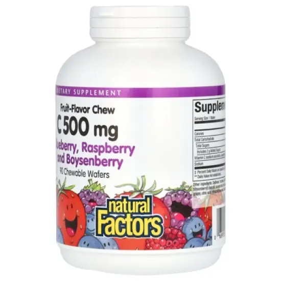 Natural Factors Vitamin C Fruit-Flavor Chew, Blueberry, Raspberry and Boysenberry, 500 mg, 90 Chewable Wafers image {3}