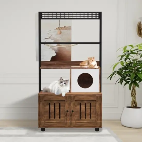 Enclosed Cat Litter Box with Storage Rack, Litter Box Furniture with Hammock, Sisal Balls and Cat Scratching Mat image {7}