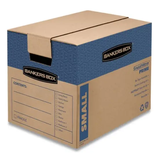 Bankers Box SmoothMove Prime Moving/Storage Boxes, Hinged Lid, Regular Slotted Container, Small, 12" x 16" x 12", Brown/Blue, 10/Carton image {7}