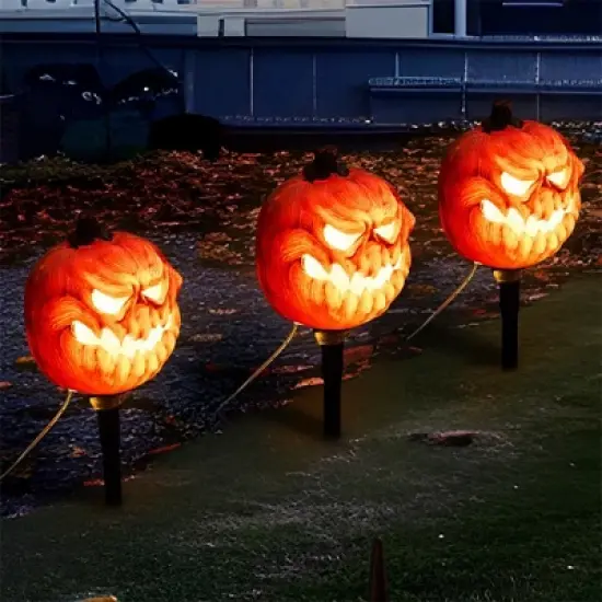 Joyfy 3 Pcs Halloween Pumpkin Pathway Lights Jack-O-Lantern Outdoor Decorations for Party Porch Yard Lawn Garden Prop Haunted House image {1}