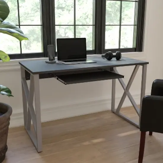 Emma and Oliver Black Pull-Out Keyboard Computer Desk with Cross-Brace Frame image {1}