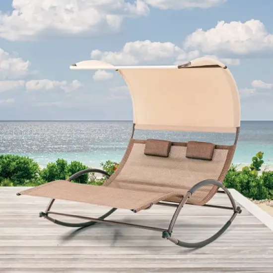 Outdoor Double Chaise Lounge Chair Rocking Bed with Sun Shade & Wheels - Brown - Crestlive Products: Patio Pool Furniture, UV-Resistant image {9}