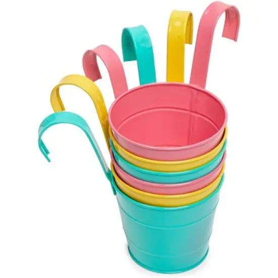 Juvale 6 Pack Round Metal Wall Hanging Planters Pots Bucket for Indoor Outdoor Succulent, 3 Colors, 8 x 5 x 5 in image {4}