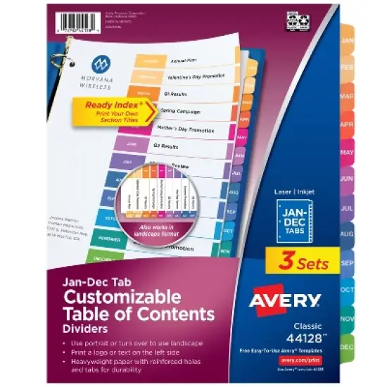 Avery Jan-Dec Dividers for 3 Ring Binders, 12 Tabs per Set, Customizable Table of Contents, Multicolor Tabs (3 Sets of 44128) image {8}