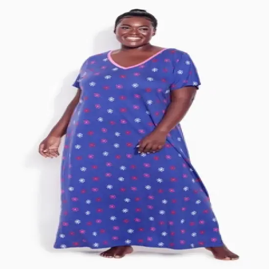 Women's Plus Size Short Sleeve Maxi Sleep Dress - periwinkle floral  | AVENUE image {3}
