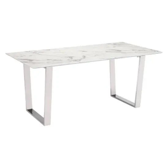 Modern Rectangular Faux Marble Dining Table - Stone, Brushed Stainless Steel - ZM Home image {1}