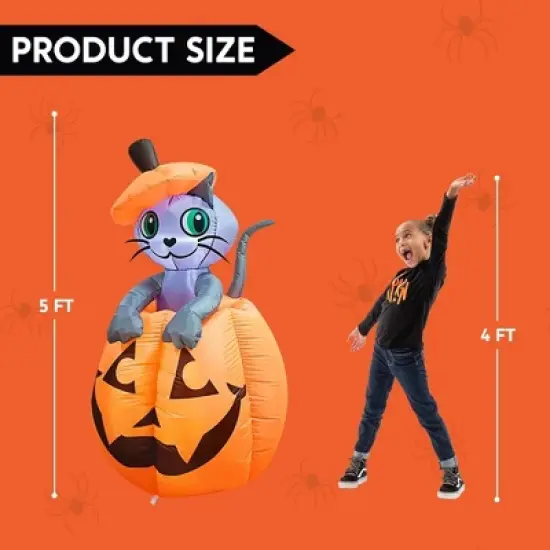 Joyfy 5 FT Tall Halloween Inflatable Outdoor Decorations, Animated Kitty Cat On Pumpkin Inflatable for Halloween Party Indoor Outdoor Yard Lawn Decor image {7}