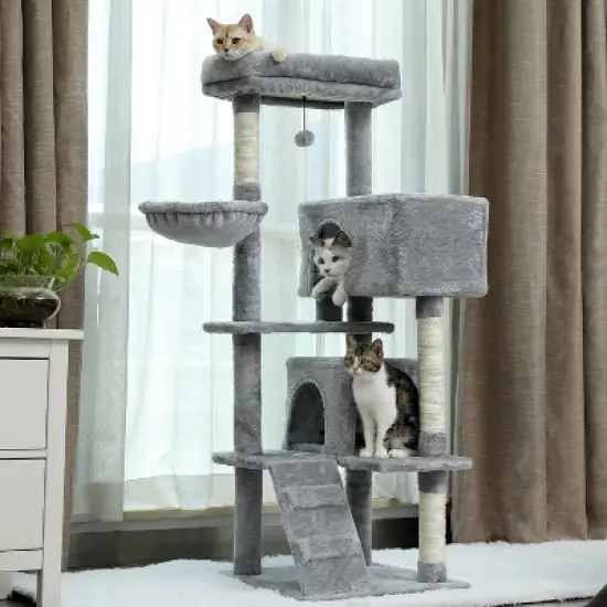 DOMETOUR Multi-Functional 56.2"H Cat Tree Cat Climbing Frame, Cat Tower with Scratching Post/2 Condos/Top Perch/Hammock/Ladder/Dangling Ball image {9}