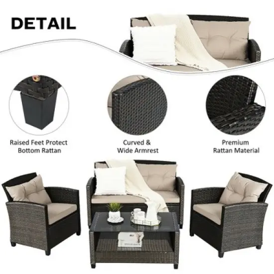 Costway 4PCS Outdoor Rattan Furniture Set Cushioned Sofa Armrest Chair Lower Shelf Brown image {5}