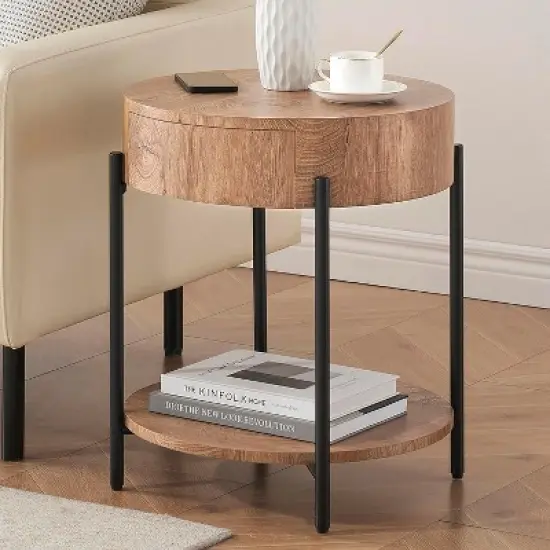 GustoWave Round Side Table Nightstand Wooden Side Table With Drawer Suitable For Living Room, Bedroom And Small Space (Brown) image {4}