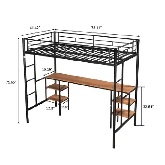 Metal Twin Size Low Loft Bed With Storage Shelf And Table, Black - ModernLuxe image {2}