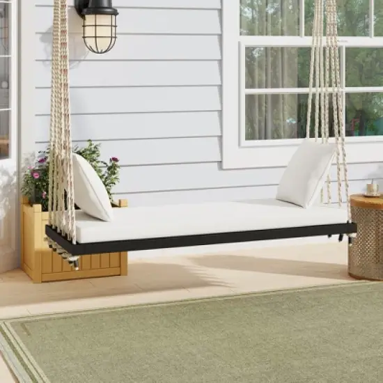 63" Acacia Wood Hanging Patio Swing Chair with Cushions & 10.8ft Hemp Ropes, Porch Swing Bench, 400 lbs Capacity image {16}