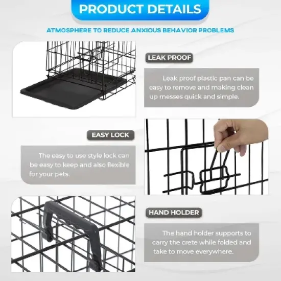 FDW Dog Crate for Small Dogs 18 Inch Folding Metal Wire Pet Cage Double Door W/Divider Panel Indoor Outdoor Kennel Leak-Proof Plastic Tray, Black image {5}