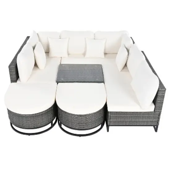 FIONECA 7-Piece Large Outdoor Wicker Sofa Set with 2 Coffee Tables & Pillows, Patio Rattan Sectional Furniture for Garden, Deck, Beige image {9}