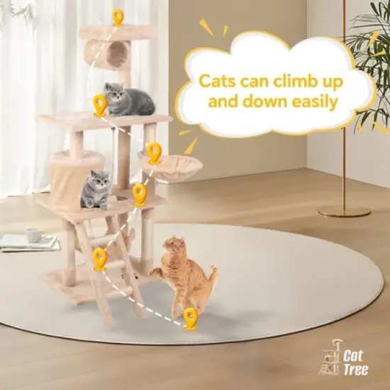 Kumasinova 55" Cat Tree with 2 Hammocks,Cat Tower with Scratching Post,Multi-Level Cat Climbing Tower with Staircase,Cat Trees with Cat House,Cream image {2}