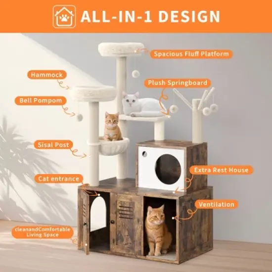 Litter Box Enclosure with Cat Tree Tower & Condo - Hidden Pet Washroom with Sisal Scratching Post, Hammocks, Condo, Multi Platform, Soft Plush Perch image {1}