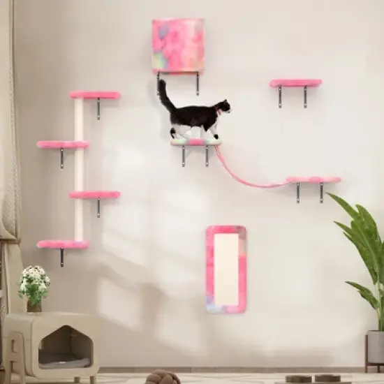 FURNIinspire Pet Tower Wall mounted Cat Tree, 5 Pcs Cat Tower for Kittens, Modern Cat Furniture, Pink, 19.75"*7.85"*38.25" image {5}