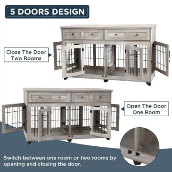 58" Wooden Dog Crate Furniture with Openable Partition, 2 Drawers, 5-Doors, 2 Rooms and TV Stand Function, Ideal for Indoor Use (Grey) image {3}