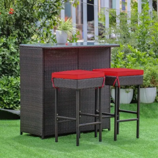 Tangkula 3PCS Patio Wicker Rattan Bar Set Table w/2 Red Cushioned Stools image {1}