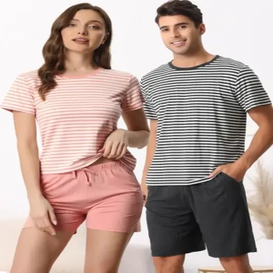 cheibear Women's Sleepwear Short Sleeve T-Shirt with Shorts Stripe Couple Pajama Sets image {1}