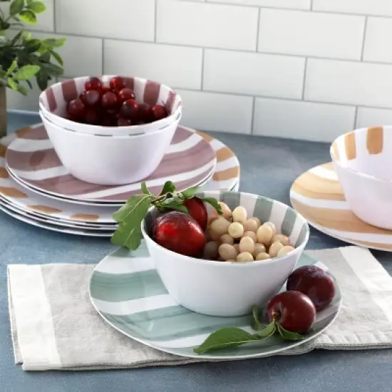 Gibson Home Cottage Stripes 12 Piece Melamine Dinnerware Set in White and Multi image {7}