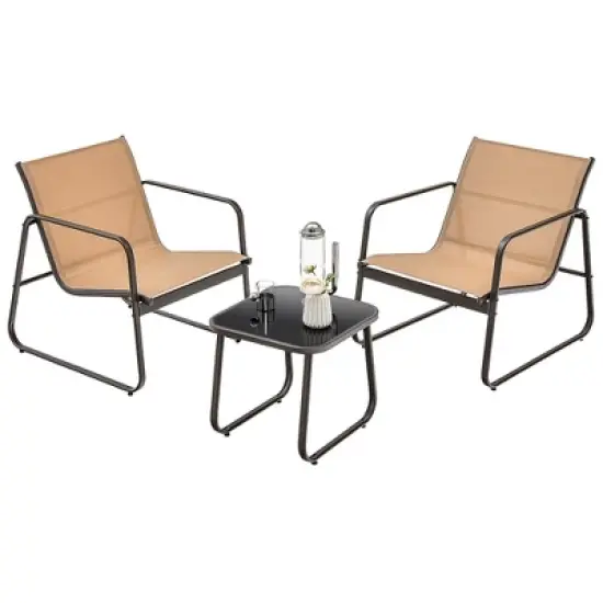 Costway 3 Pieces Patio Conversation Set Outdoor Metal Chair & Table Tempered Glass Top image {2}