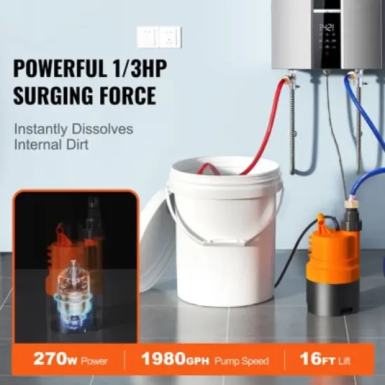 VEVOR Tankless Water Heater Flushing Kit, Includes Efficient Pump & 5 Gallon Pail & 2 Hoses & Descaling Powder, Orange image {6}
