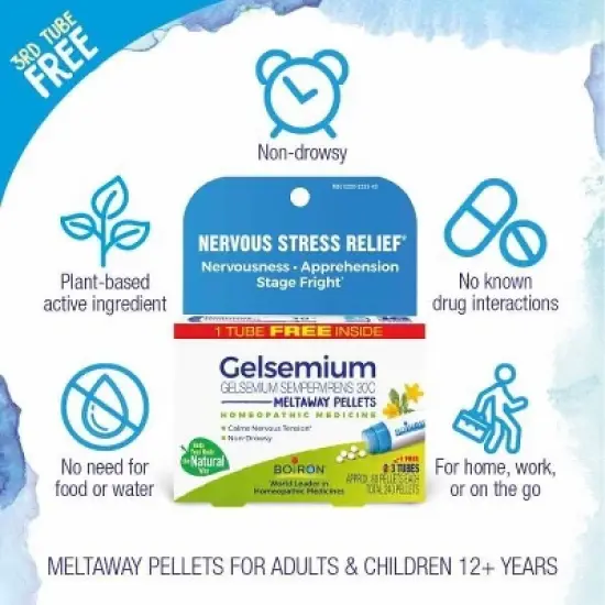 Gelsemium Sempervirens 30C 3 MDT by Boiron Homeopathic Medicine For Nervous Stress Relief  -  3 Pack Pellet image {6}