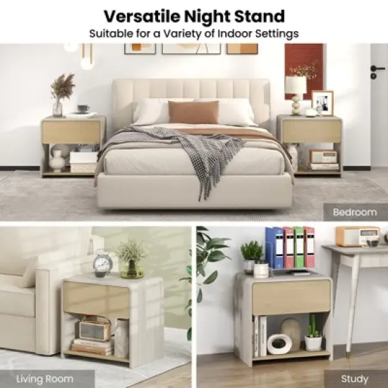 Tangkula Modern Style Nightstand 2-Tier Sofa Side Bedside Table w/ Drawer & Open Shelf image {5}