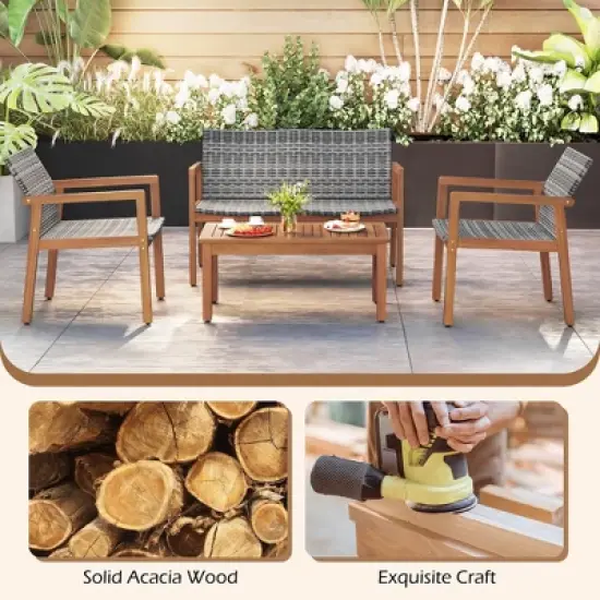 Tangkula 4-Piece Patio Furniture Set PE Rattan Patio Bistro Set with Loveseat Single Chairs & Coffee Table Outdoor Acacia Wood Conversation Set image {5}