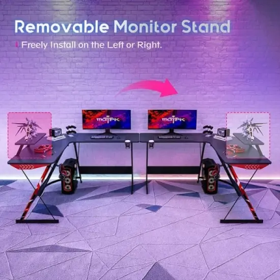 MOTPK L-Shaped Carbon Fiber Computer Gaming Desk with Raised Monitor Shelf, Built In Cup Holder, Headphone Hook, & Y-Shape Metal Frame image {2}