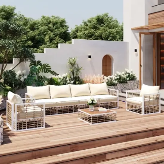 GDFStudio Dean Outdoor Metal and Rattan 6-Seater Upholstered&nbsp;Seating Set with Coffee Table image {1}