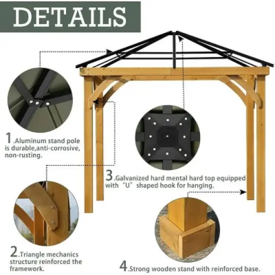 Aoodor Patio Solid Wooden Gazebo 10 x 10 ft. Hardtop Roof for Garden image {1}
