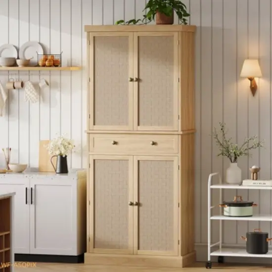 72" Farmhouse Kitchen Pantry Cabinet with 4 Doors, Adjustable Shelves & Drawer image {3}