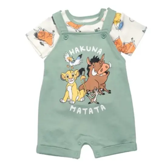 Disney Lion King Simba Timon Pumbaa Baby French Terry Short Overalls T-Shirt and Hat 3 Piece Outfit Set Newborn to Infant image {1}