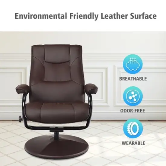 Costway Recliner Chair Swivel PU Leather Lounge Accent Armchair w/ Ottoman Brown image {7}