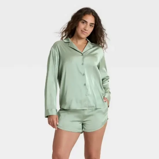 Women's Satin Notch Collar Long Sleeve Shirt and Shorts Pajama Set - Auden&trade; image {5}