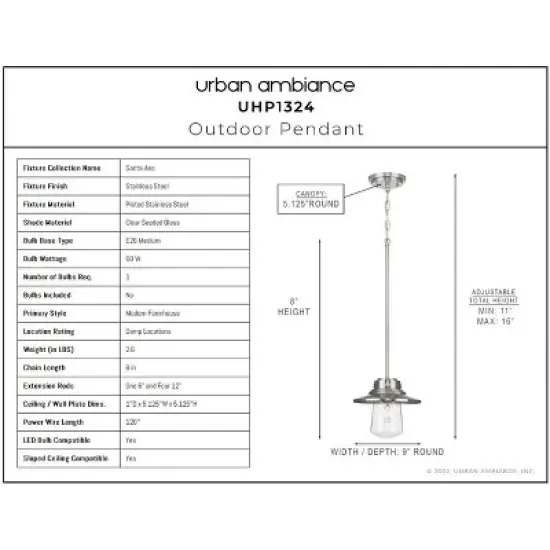 Urban Ambiance Luxury Coastal Outdoor Pendant 8''H x 9''W,  Stainless Steel Finish,  Santa-Ana Collection, UHP1324 image {2}