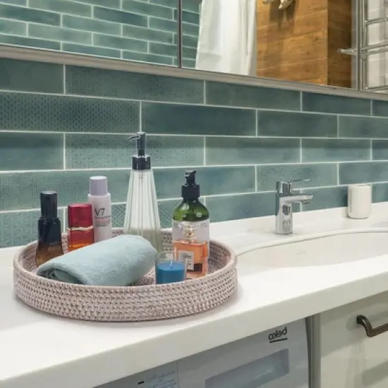 BRINJOY 13.8" Round Woven Tray with Handles - White Washed Rattan Coffee Table Decor, Serving Tray for Food & Decor image {1}