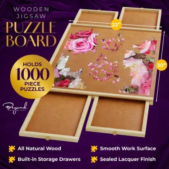 1000 Piece Wooden Jigsaw Puzzle Board - Non-Rotating Table, 30&rdquo; X 22&rdquo;, 4 Drawers & Plastic Cover image {1}