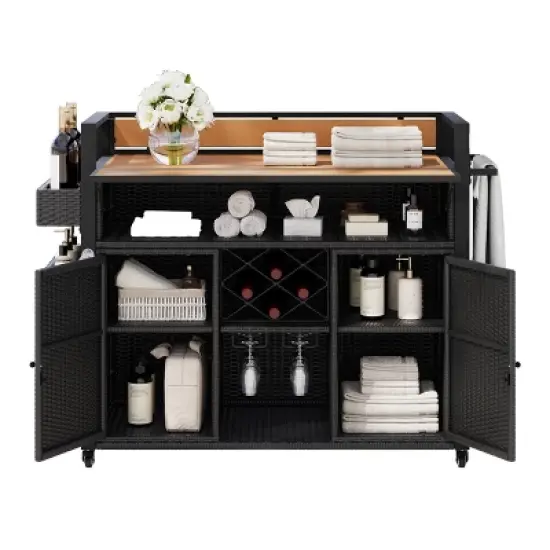 Wooakway 53"W Outdoor Grill Cart with Wheels Black Brown Wicker Rolling Kitchen Island with Storage and Extension Tabletop image {8}