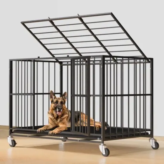 XBRIGH round tube lightweight dog crate with wheels for mobility, sturdy door locks, double doors and removable tray design image {9}