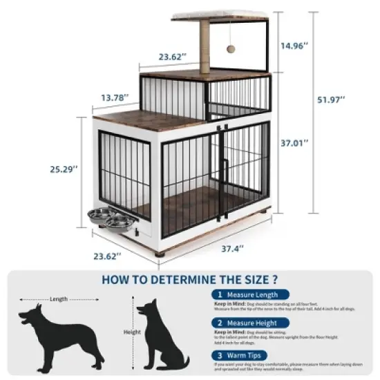 Multi-Functional Dog Crate Furniture - Cat Scratching Post, Resting Platform, Rotating Food Bowl, 2 in 1 Wood & Metal Pet Kennel Cage for Homes image {6}