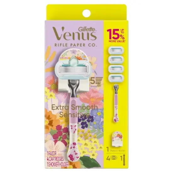 Rifle Paper Co. + Venus Extra Smooth Sensitive Women's Razor Handle, 4 Razor Blade Refills and Shower Holder image {1}