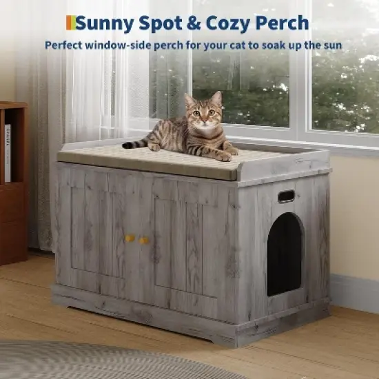 2 in 1 Cat Litter Box Enclosure, Wooden Cat Washroom Furniture with Barn Door, Hidden Litter Box Cover, Dog Proof Feline Litter Box, Kitty House image {4}