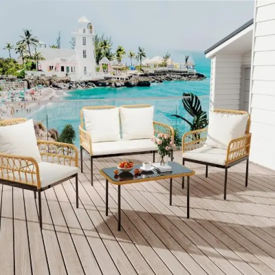 4 Pieces Outdoor Wicker Patio Conversation Bistro Set image {6}