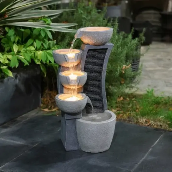 LuxenHome 26" Modern Outdoor Water Fountain with Planter and Lights, Resin Cascading Bowl Garden Waterfall Indoor and Outdoor Use Gray image {2}