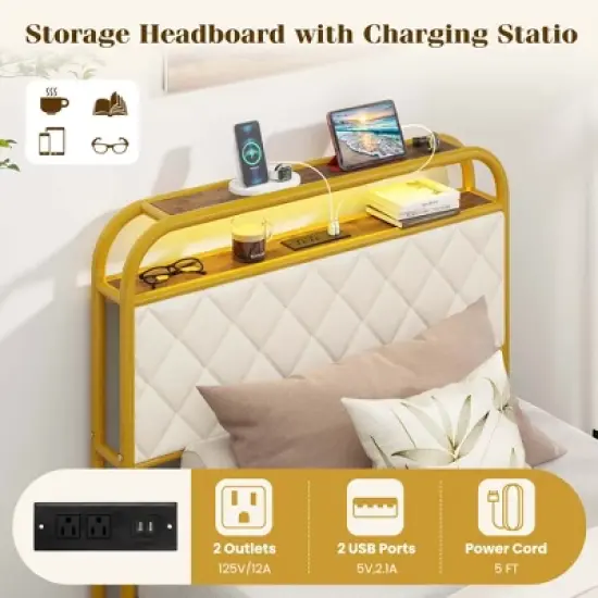 Costway Twin/Full/Queen Size Bed Frame with LED Lights & Charging Station Storage Headboard & Drawers Golden image {7}